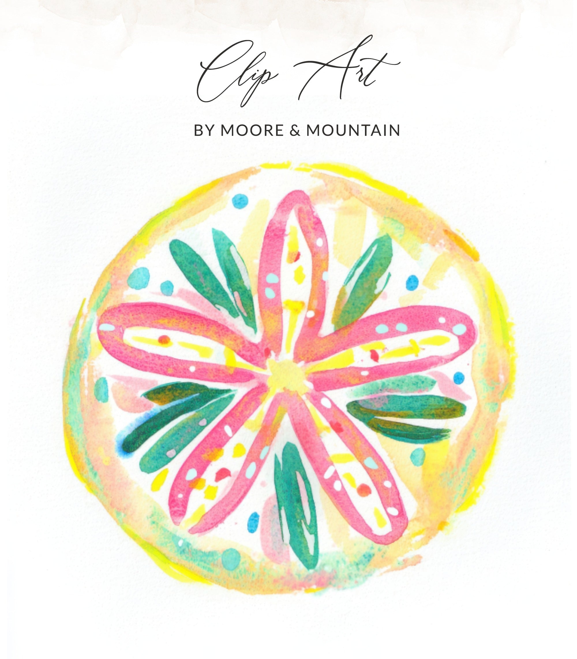 Watercolor illustration of a colorful, abstract floral design with text "Clip Art BY MOORE & MOUNTAIN".