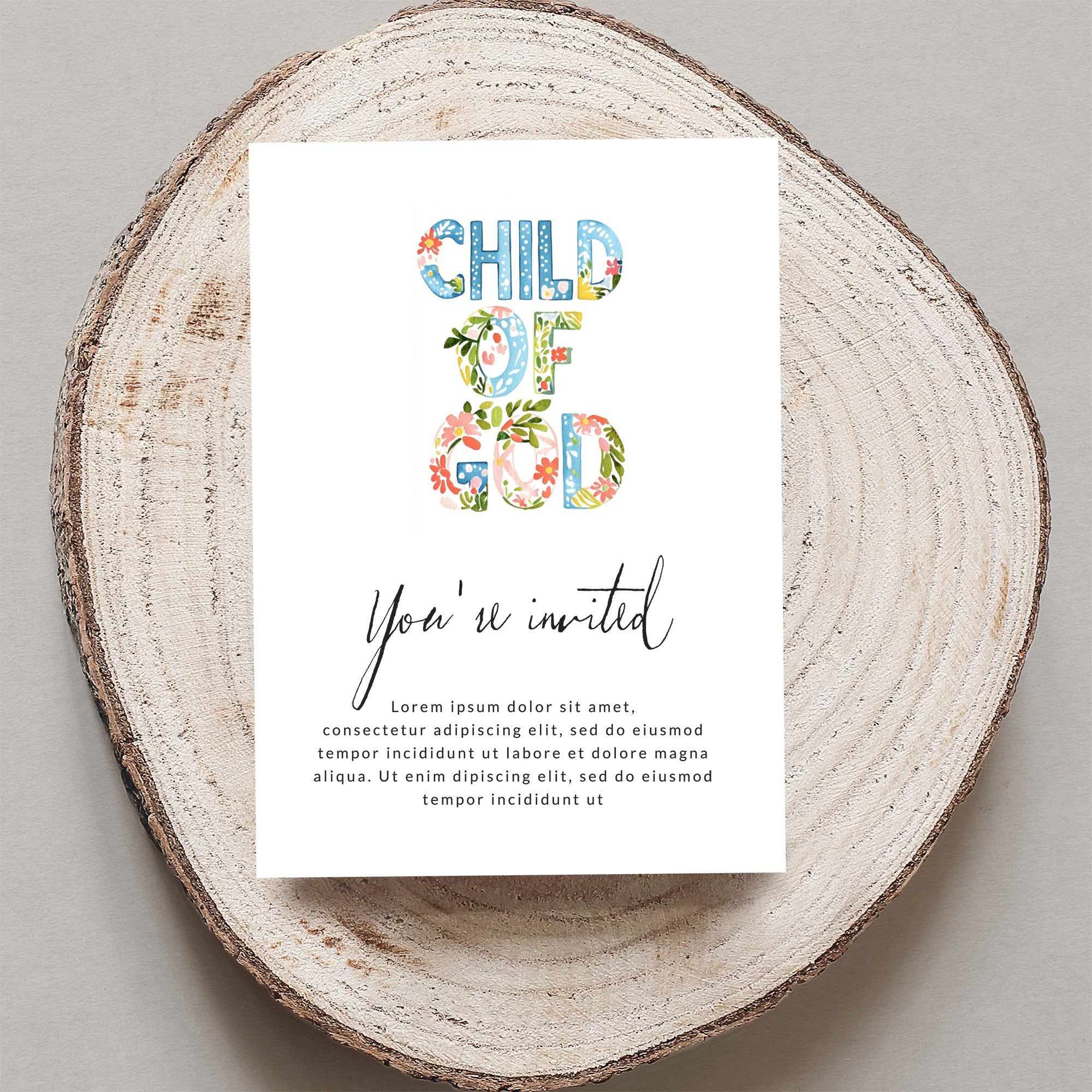 "Child of God" invitation with floral accents and placeholder text.