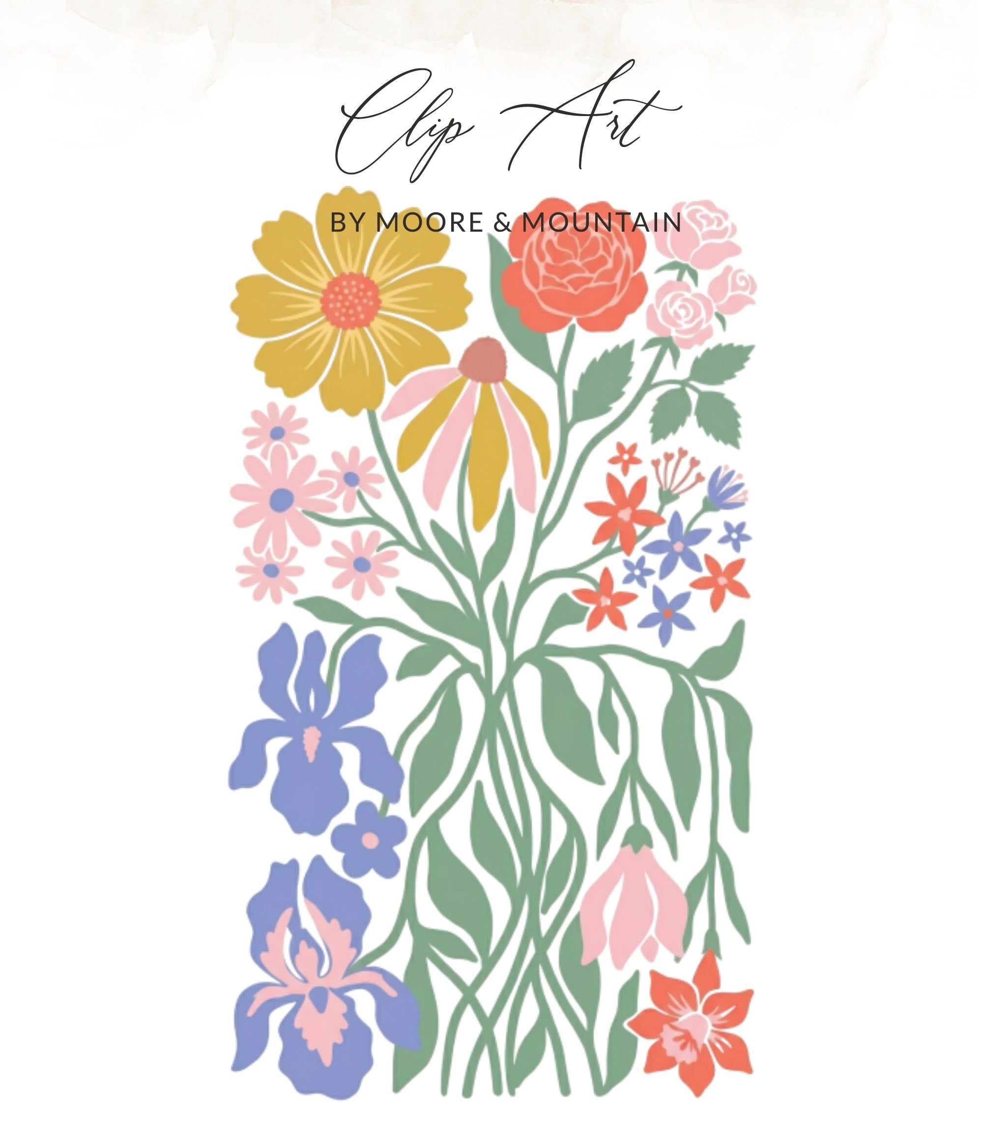 Floral clip art with a variety of colorful flowers and greenery.
