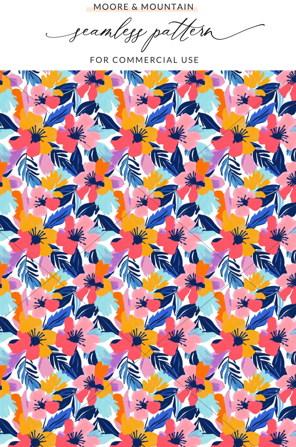 Seamless floral pattern with pink, orange, blue, and purple flowers on white.