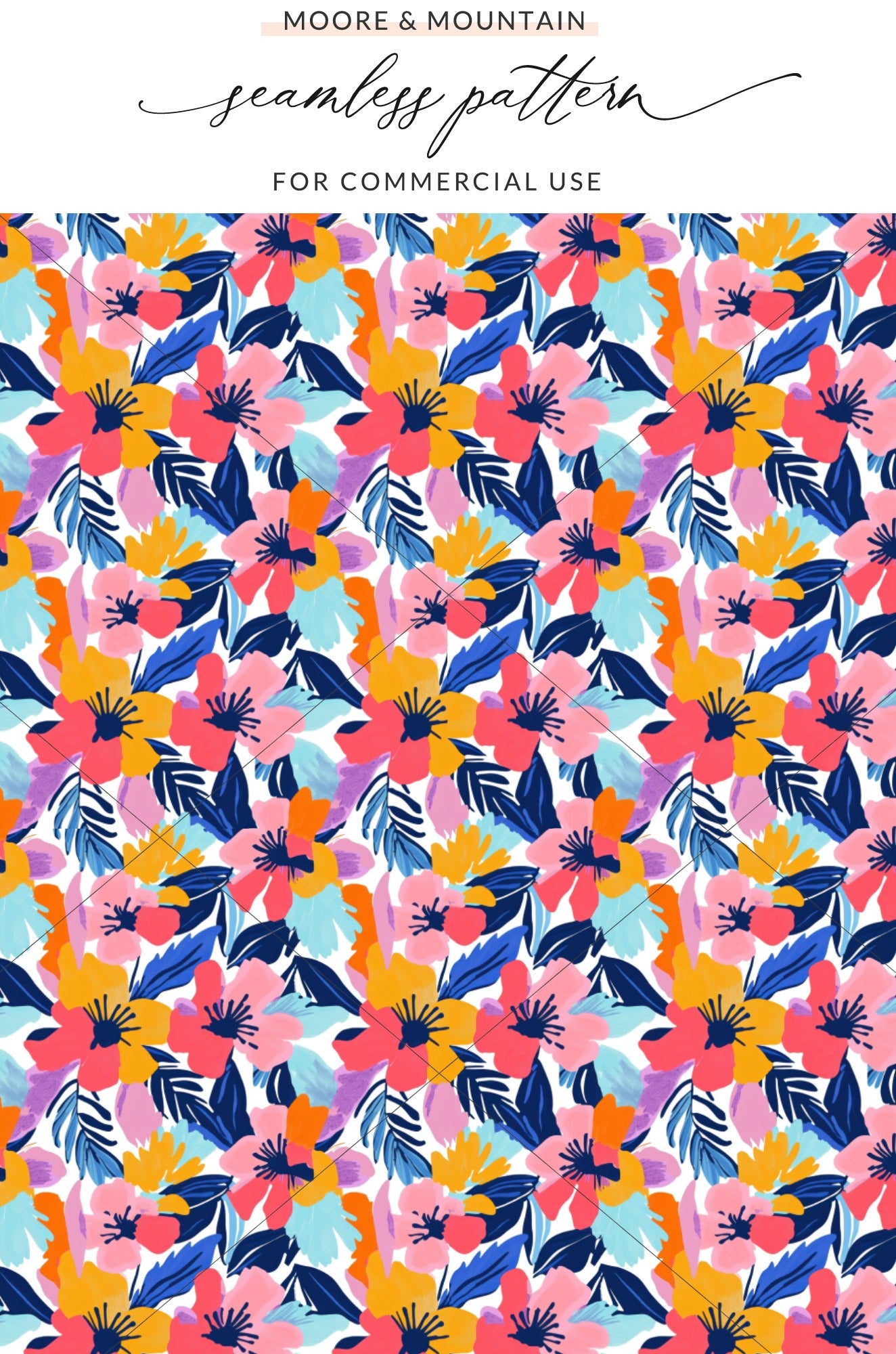 Seamless floral pattern with pink, orange, blue, and purple flowers on white.