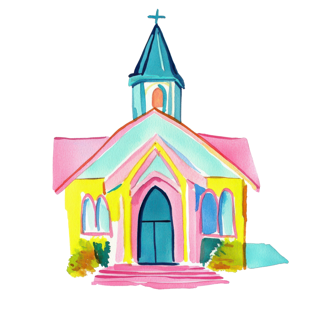 Watercolor painting of a yellow church with a blue steeple and pink and turquoise accents.