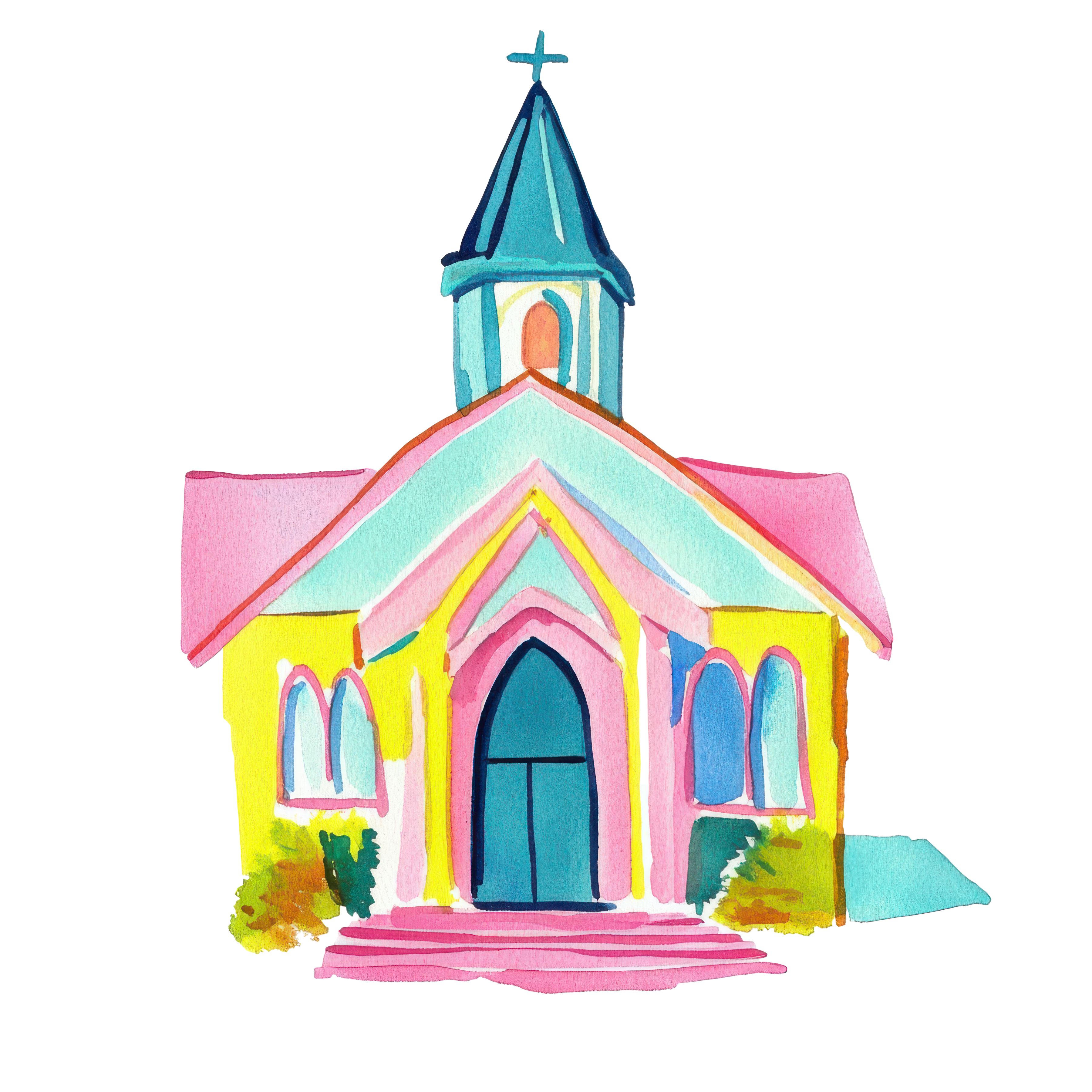 Watercolor painting of a yellow church with a blue steeple and pink and turquoise accents.