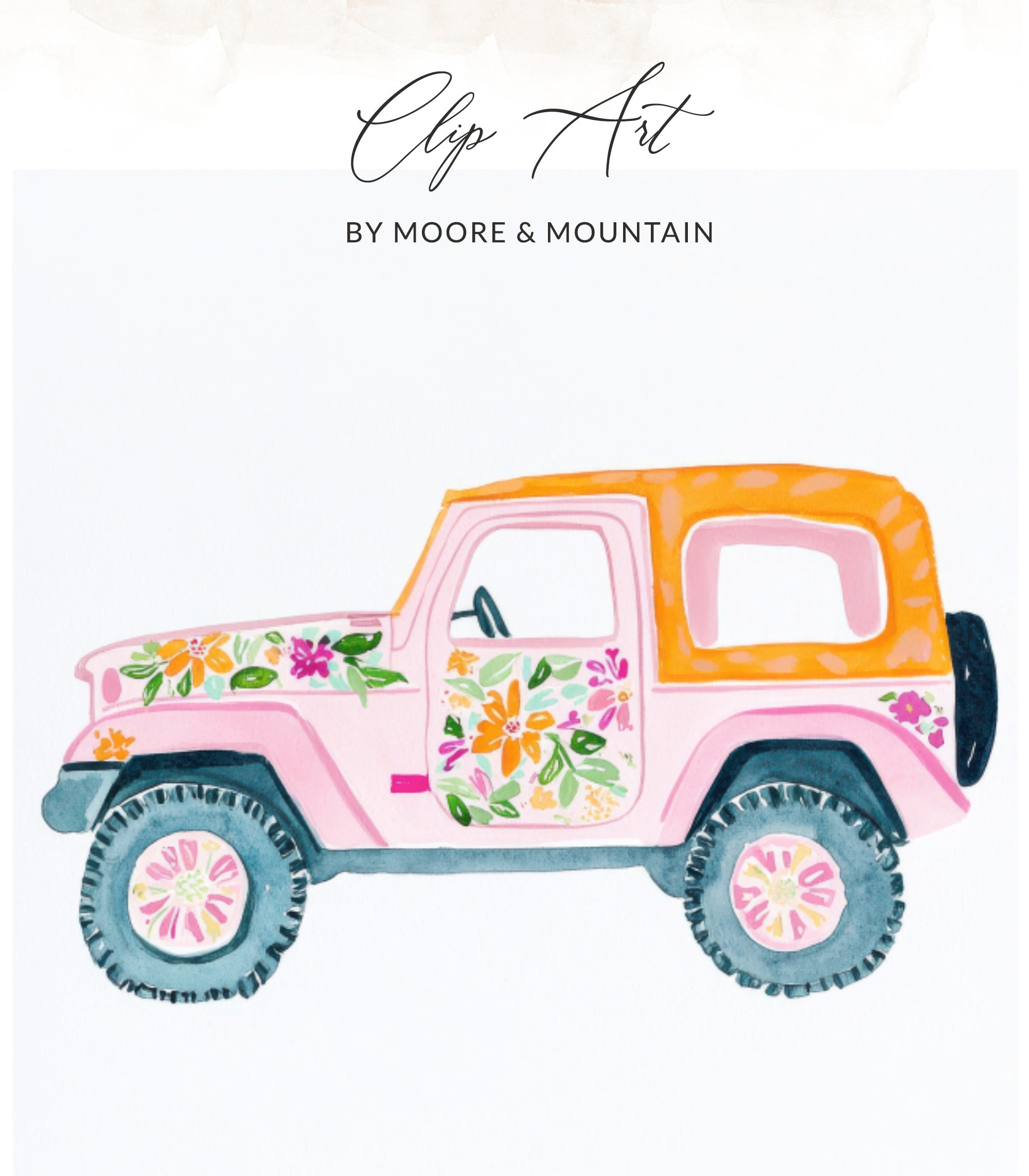 Pink watercolor Jeep with floral decals and orange top.