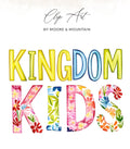 Colorful watercolor text reading "KINGDOM KIDS" with floral accents.