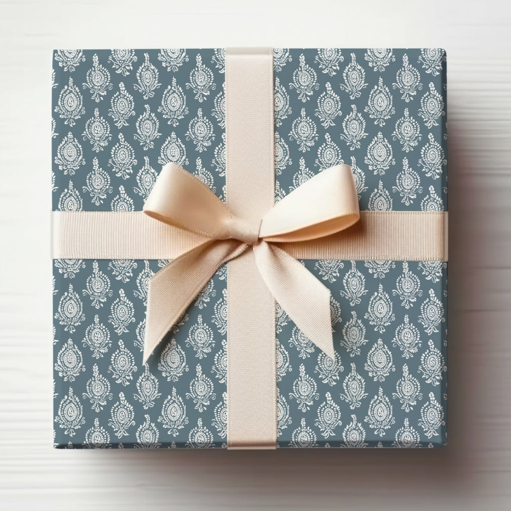 Elegant Blue Patterned Gift Box with Cream Ribbon