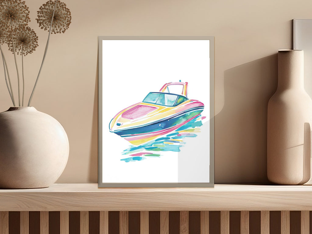 Colorful speedboat illustration on a light gray background with minimalist decor.