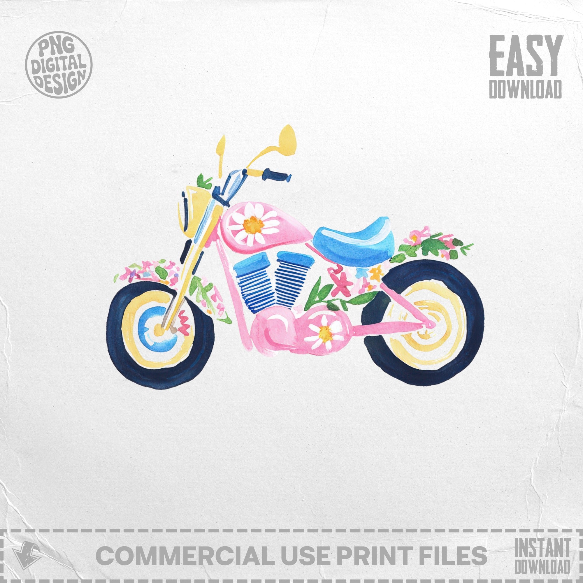 Pink motorcycle with floral decorations, side profile.