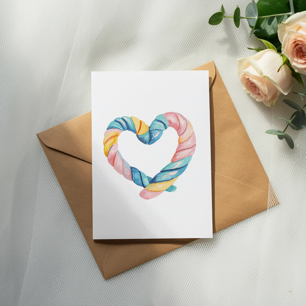 Watercolor heart made of pastel twisted ribbons on white card, next to roses.