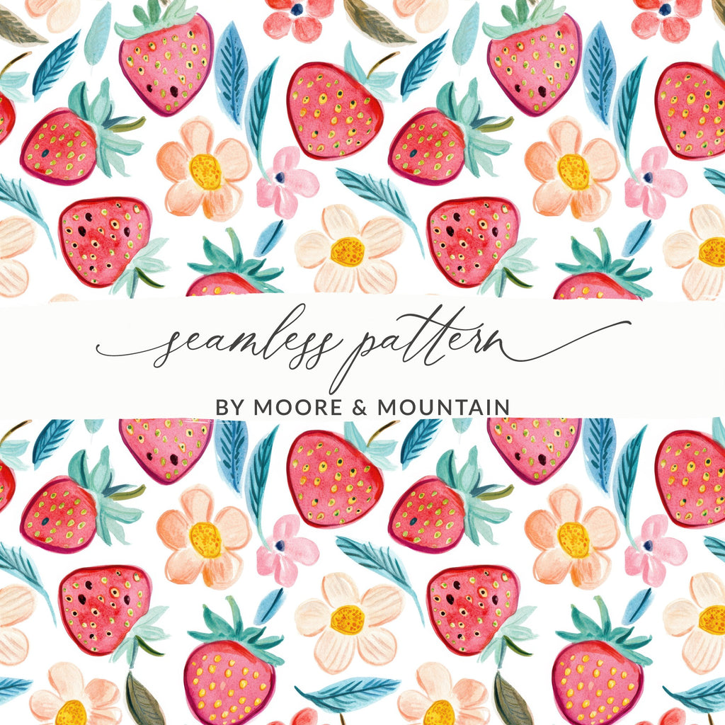 Seamless pattern of strawberries and flowers with text "Seamless pattern by Moore & Mountain".