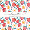Seamless pattern of strawberries and flowers with text "Seamless pattern by Moore & Mountain".