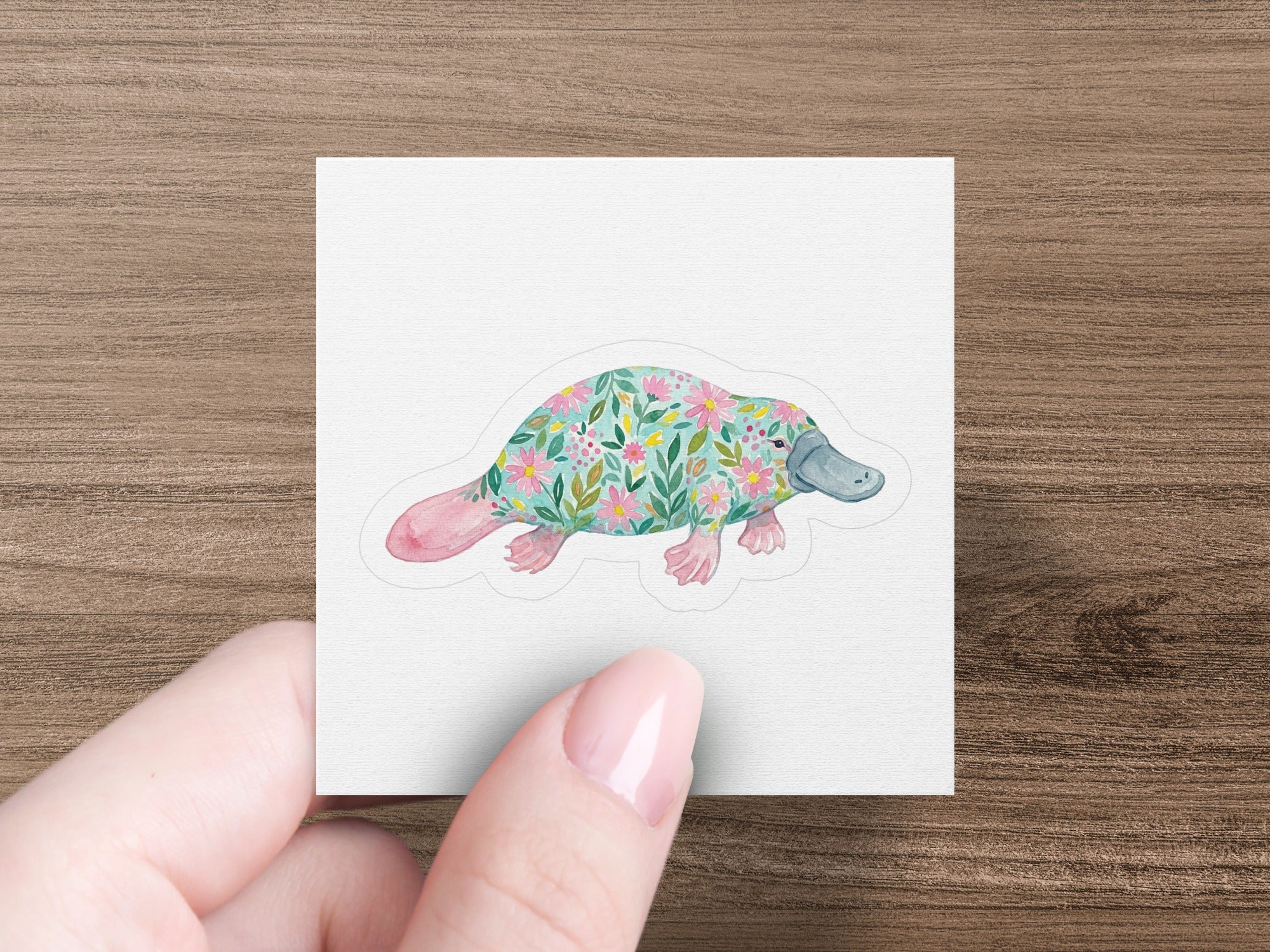 Platypus sticker with a floral pattern held by a hand.