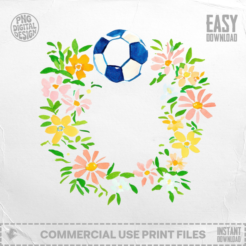 Soccer ball in a watercolor floral wreath, "EASY DOWNLOAD" text.