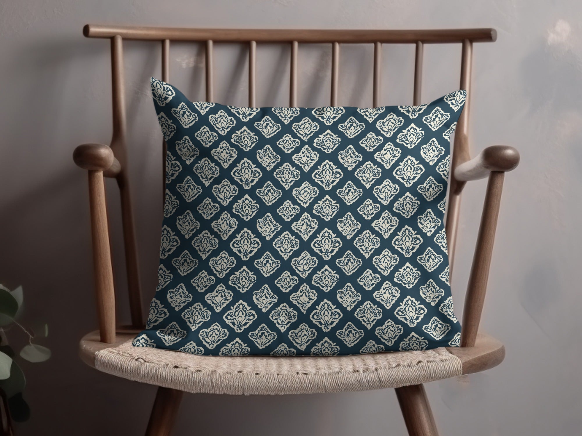 Elegant Navy and White Patterned Throw Pillow