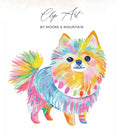 Watercolor Pomeranian dog with rainbow-colored fur.