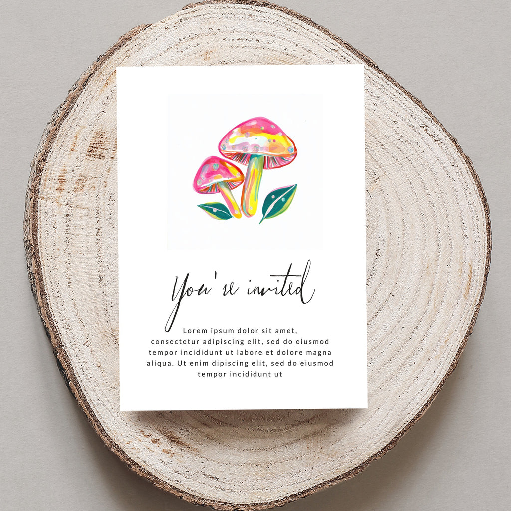 Invitation with watercolor mushrooms and "You're invited" text.