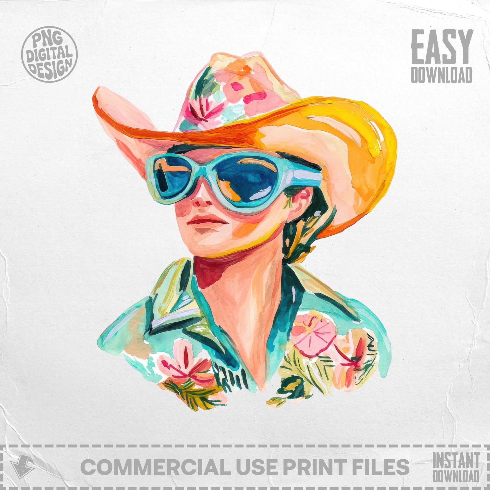 Woman wearing a colorful cowboy hat and sunglasses, watercolor art.