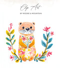 Watercolor otter in floral dress with leafy wreath.