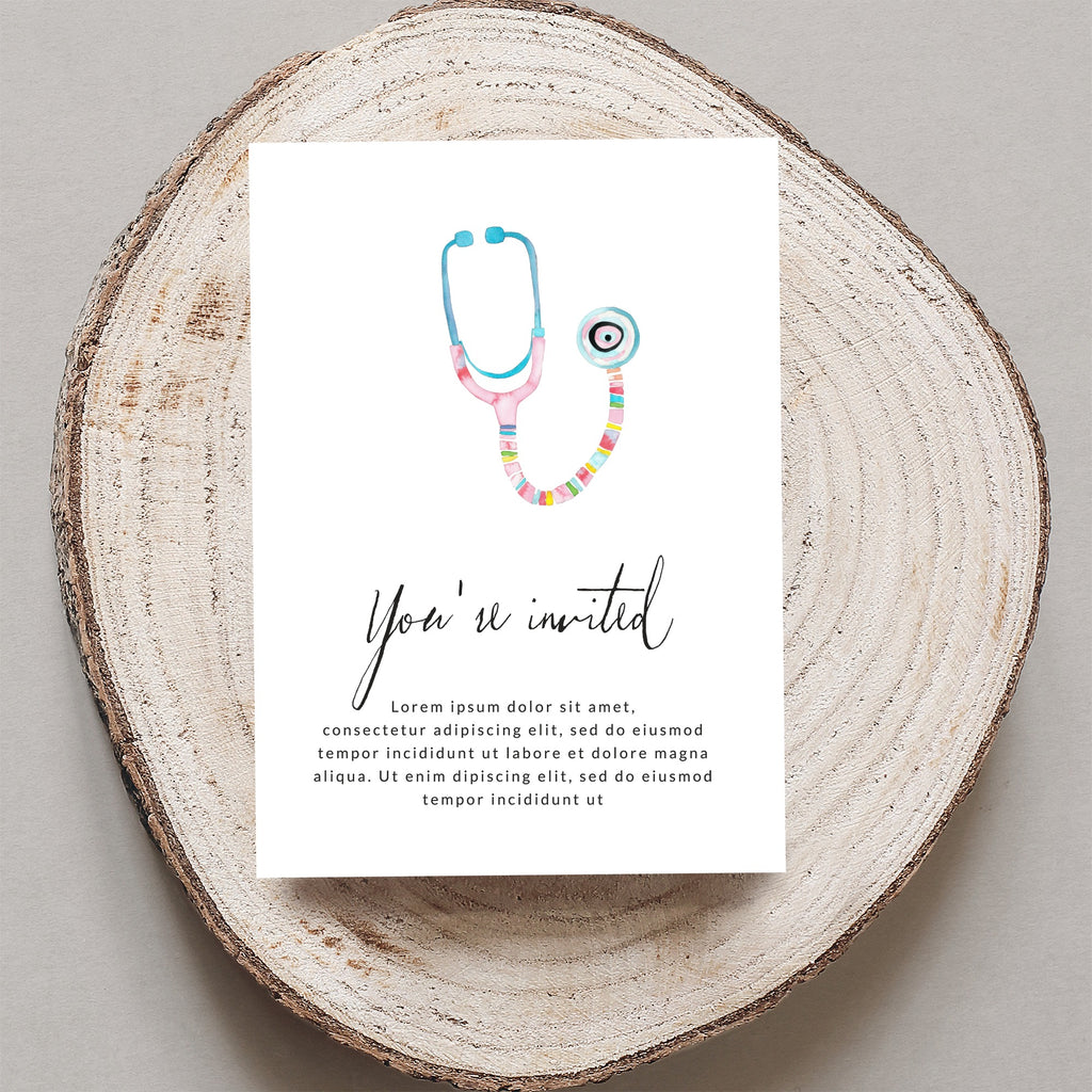 Invitation with "You're invited" and medical graphics on wood.
