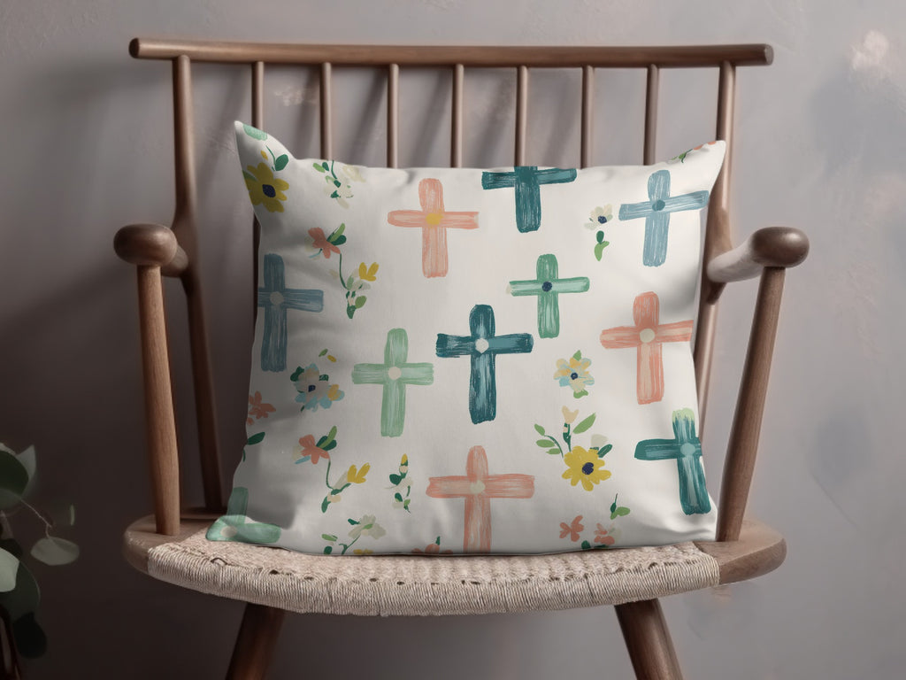 Decorative Throw Pillow with Crosses and Floral Design