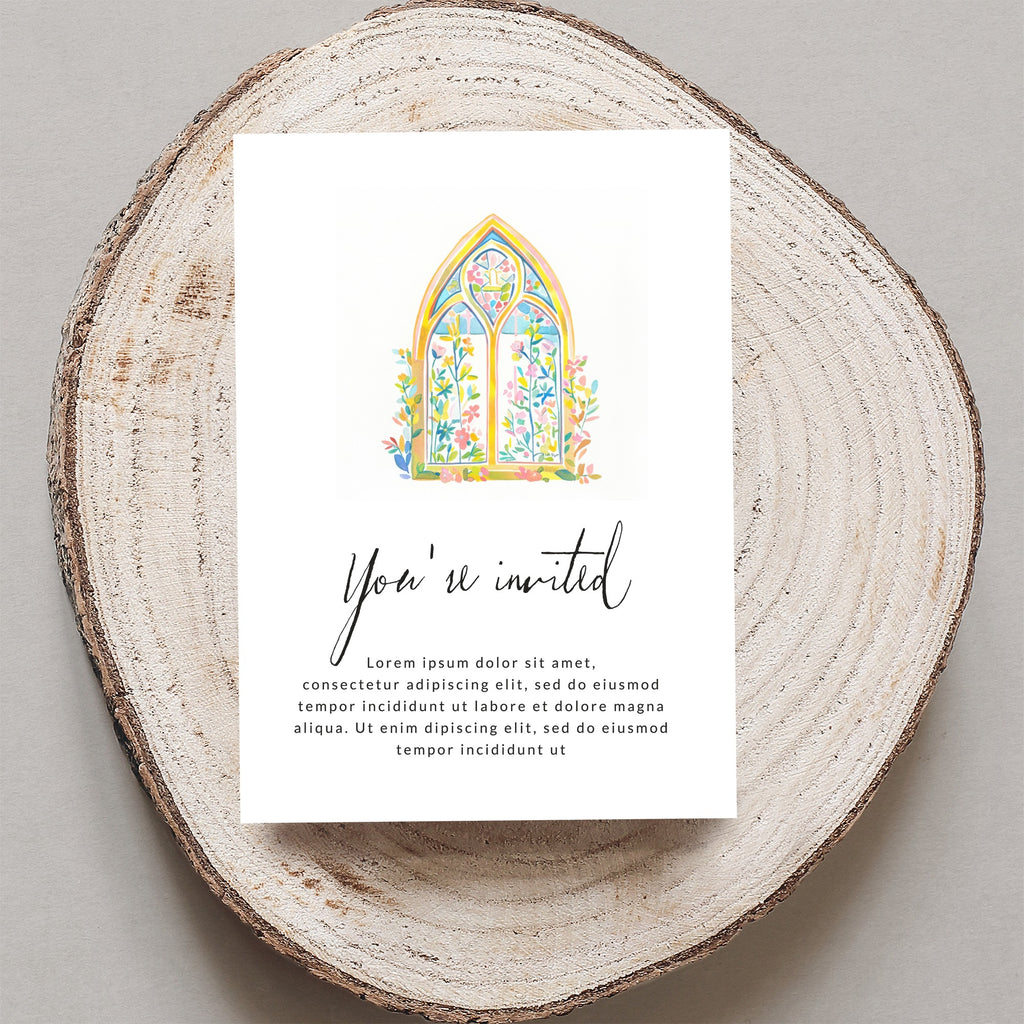 Invitation with watercolor stained glass window and calligraphy.