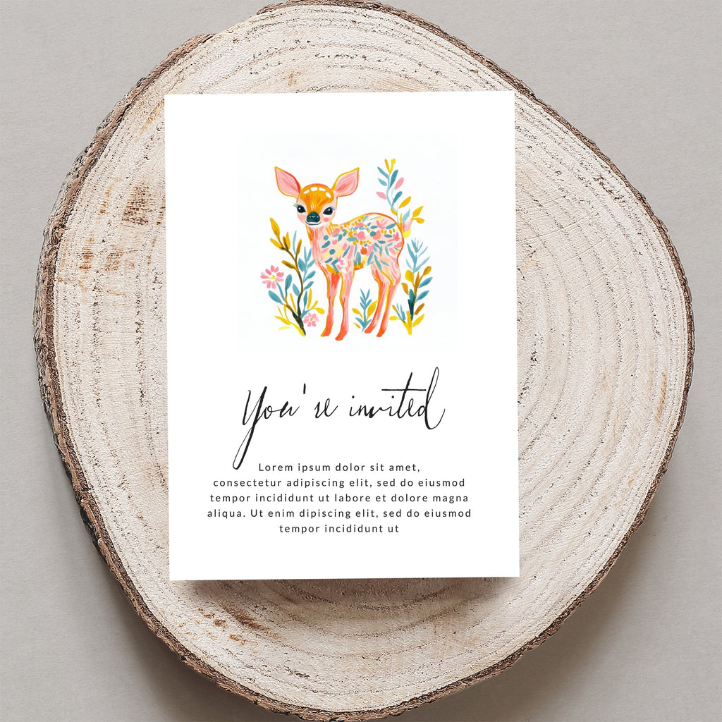 Invitation card with a watercolor deer illustration and "You're invited" text.
