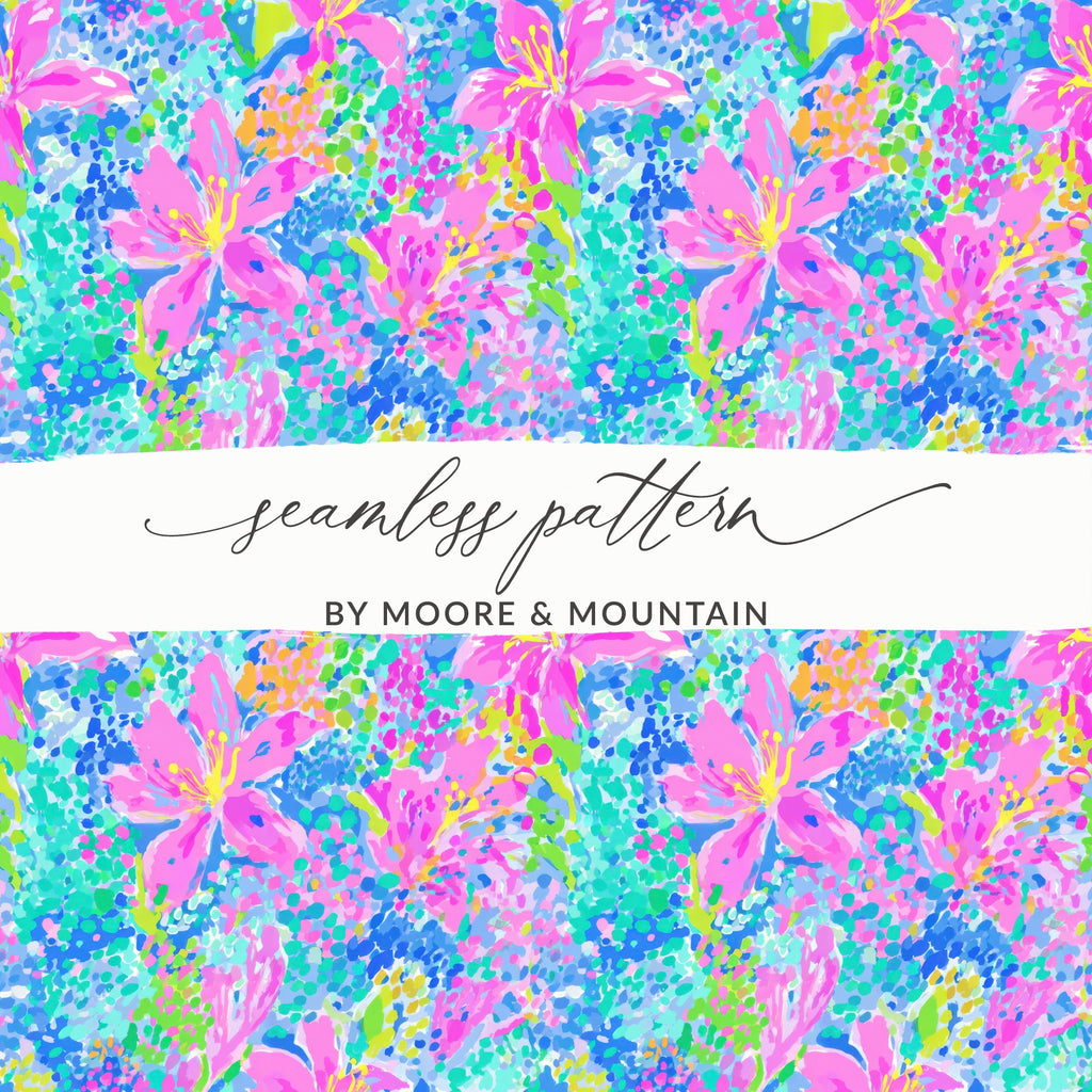 Seamless floral pattern with pink lilies and colorful abstract dots.