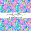 Seamless floral pattern with pink lilies and colorful abstract dots.