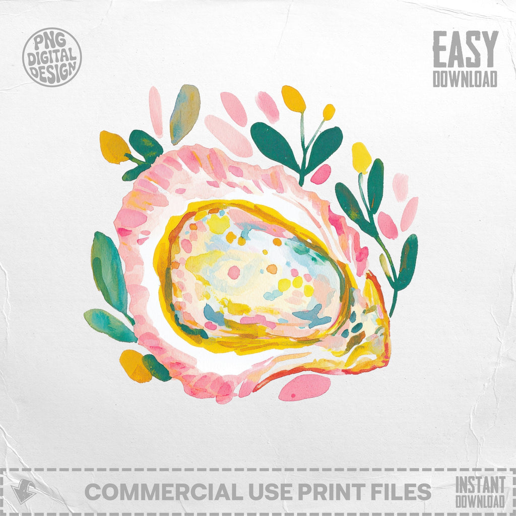 Watercolor oyster with colorful pearls and green leaves, with "Easy Download" text.