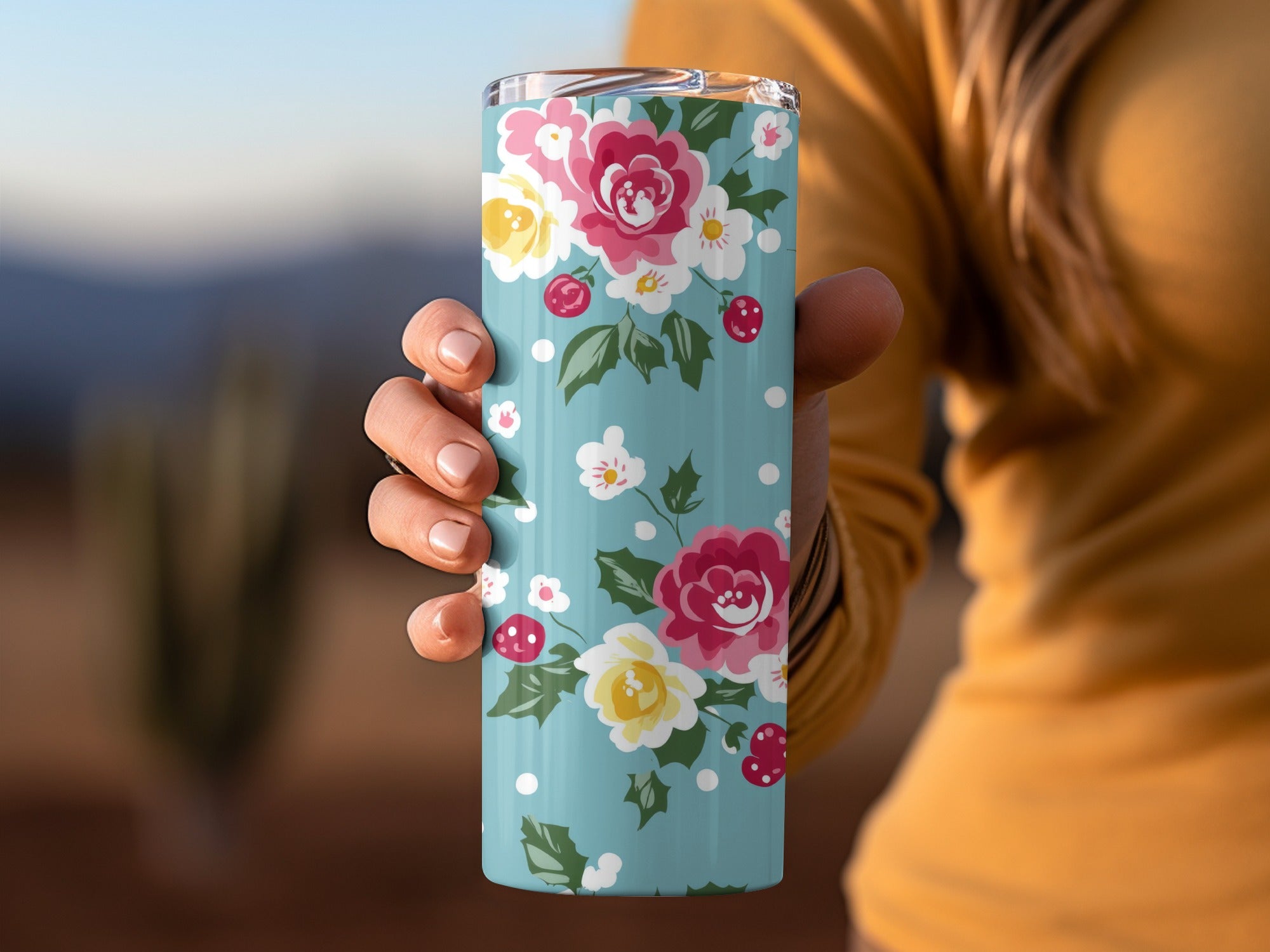 Floral Patterned Blue Travel Tumbler for Beverages