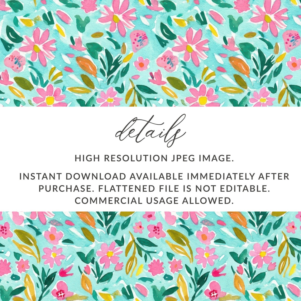 Watercolor floral pattern with text about digital download.