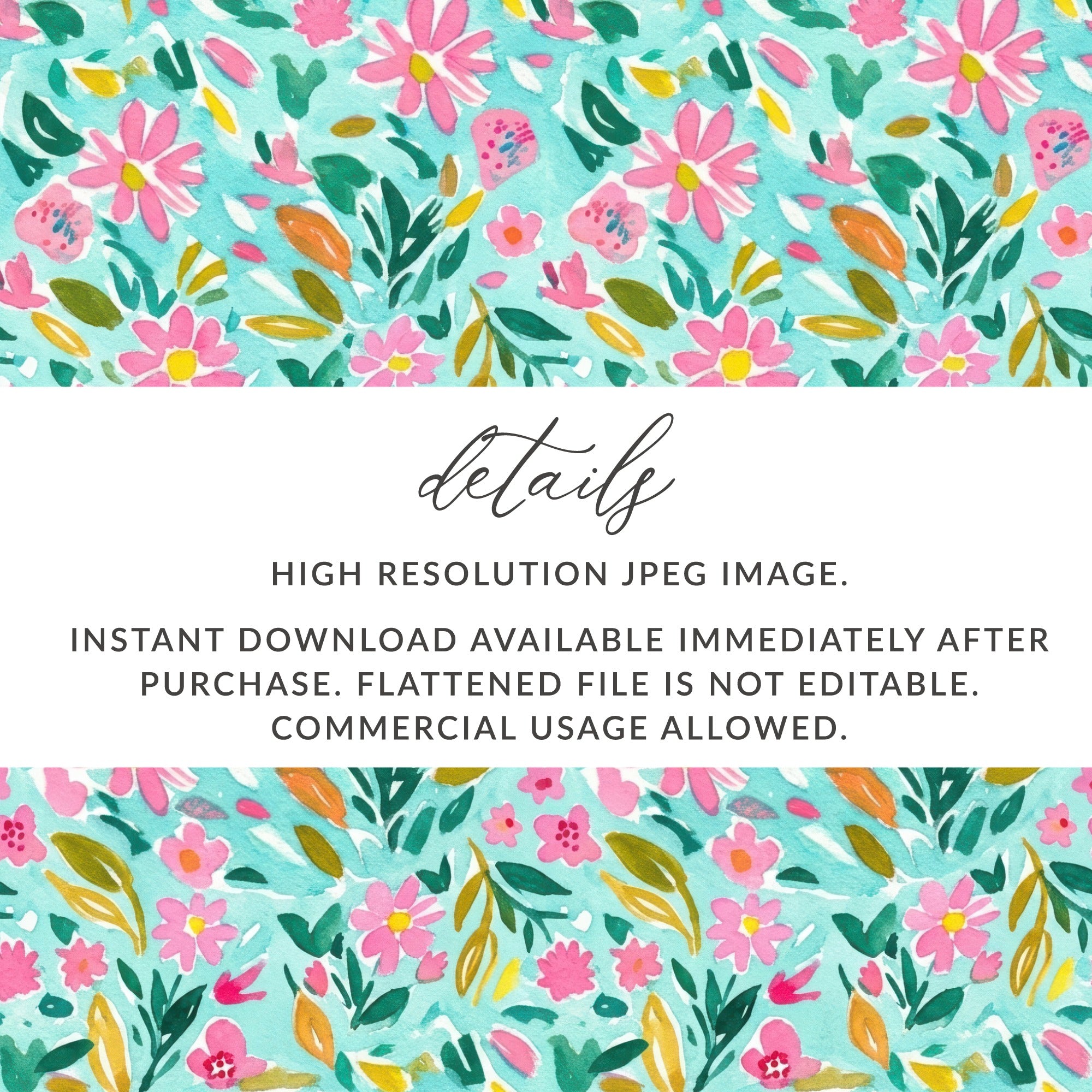 Watercolor floral pattern with text about digital download.