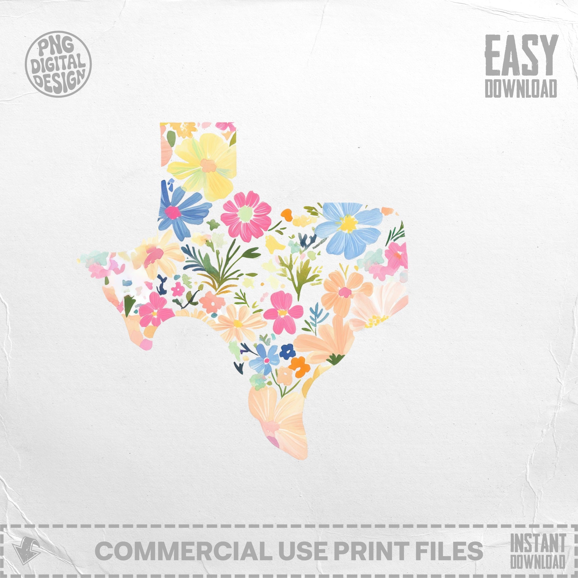 Texas map outline filled with colorful wildflowers.