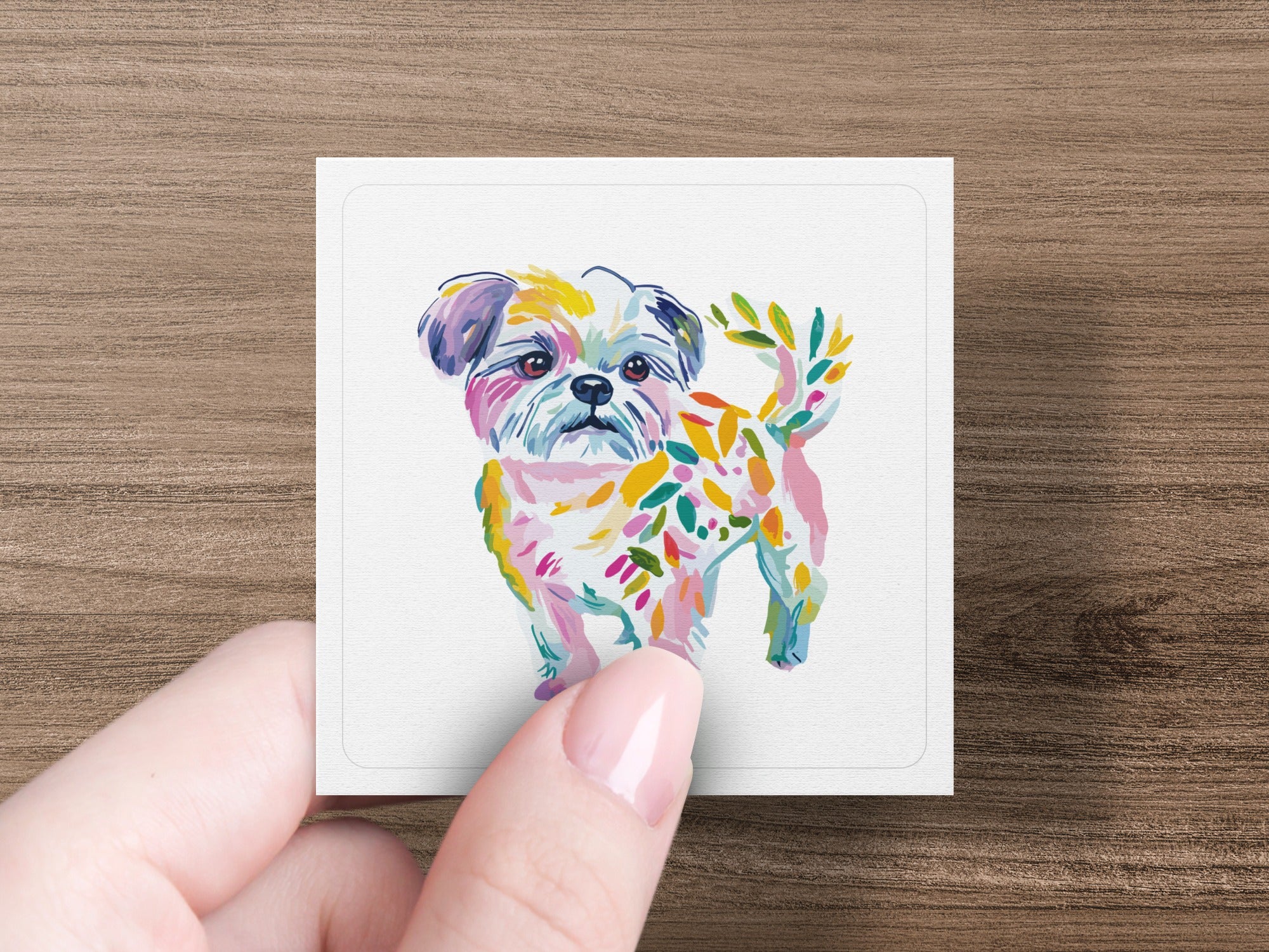 Hand holding square card featuring colorful painted dog with leaf-like accents.