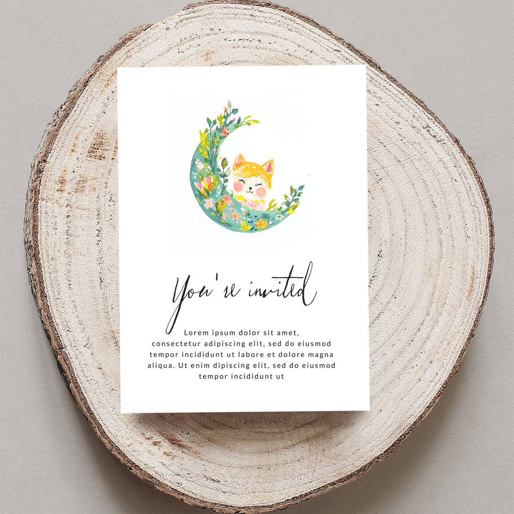 Invitation card with crescent moon, fox, floral wreath, and placeholder text.