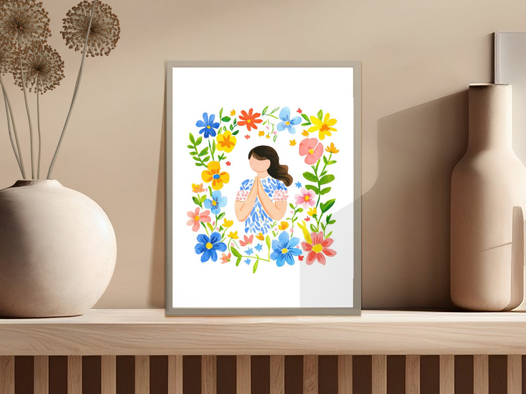 Illustration of a woman with hands clasped, surrounded by a colorful floral border.
