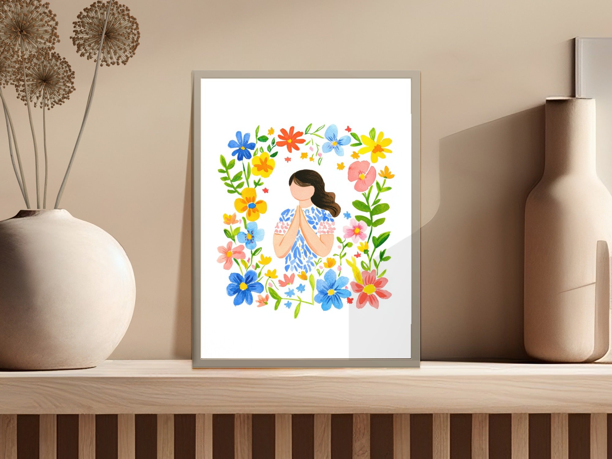 Illustration of a woman with hands clasped, surrounded by a colorful floral border.