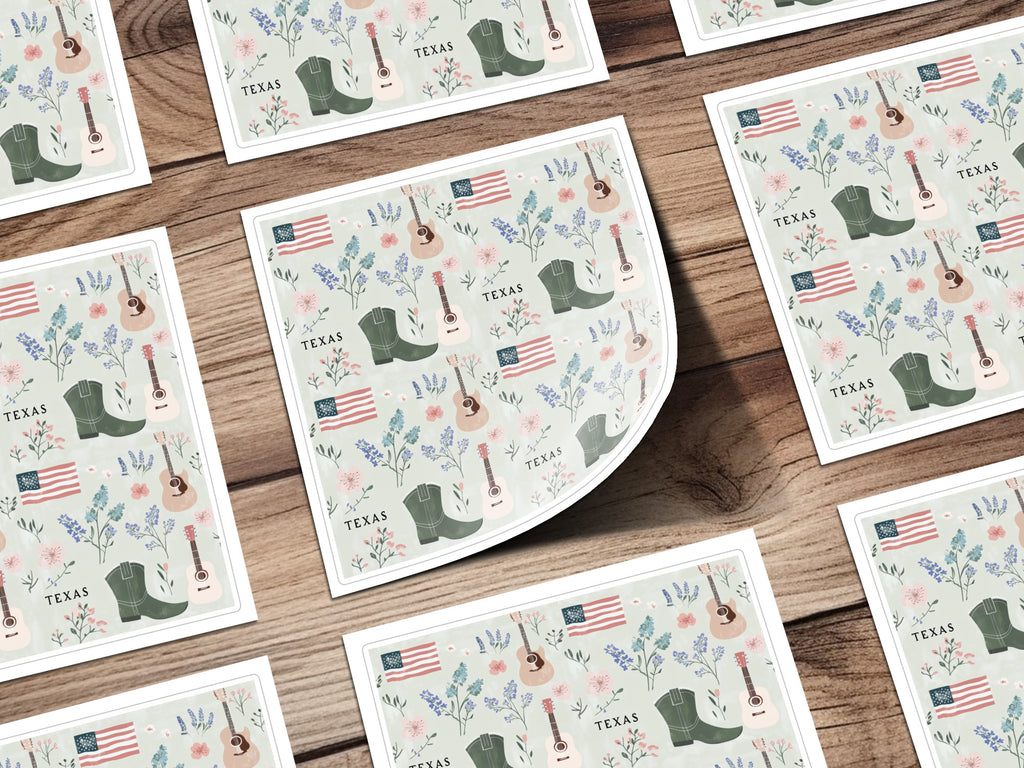 Texas Themed Floral and Guitar Pattern Sticker Sheet