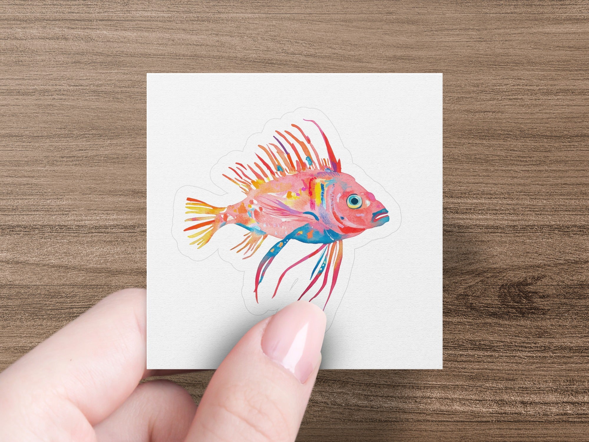 Colorful watercolor lionfish sticker held by a hand.