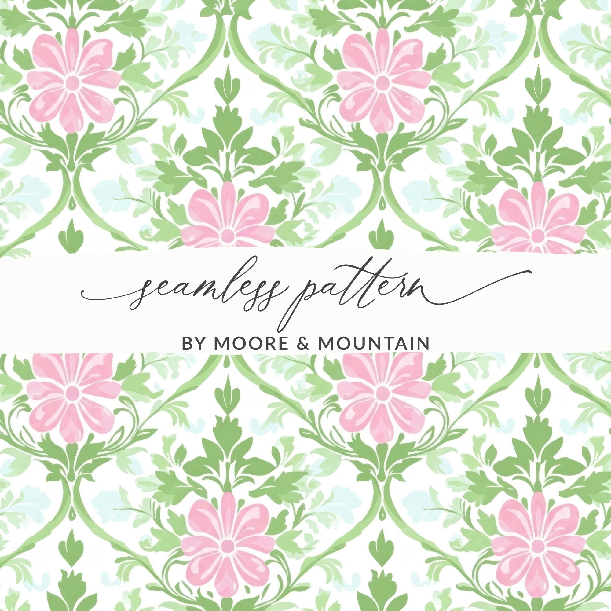 Seamless floral pattern with pink flowers and green leaves by Moore & Mountain.