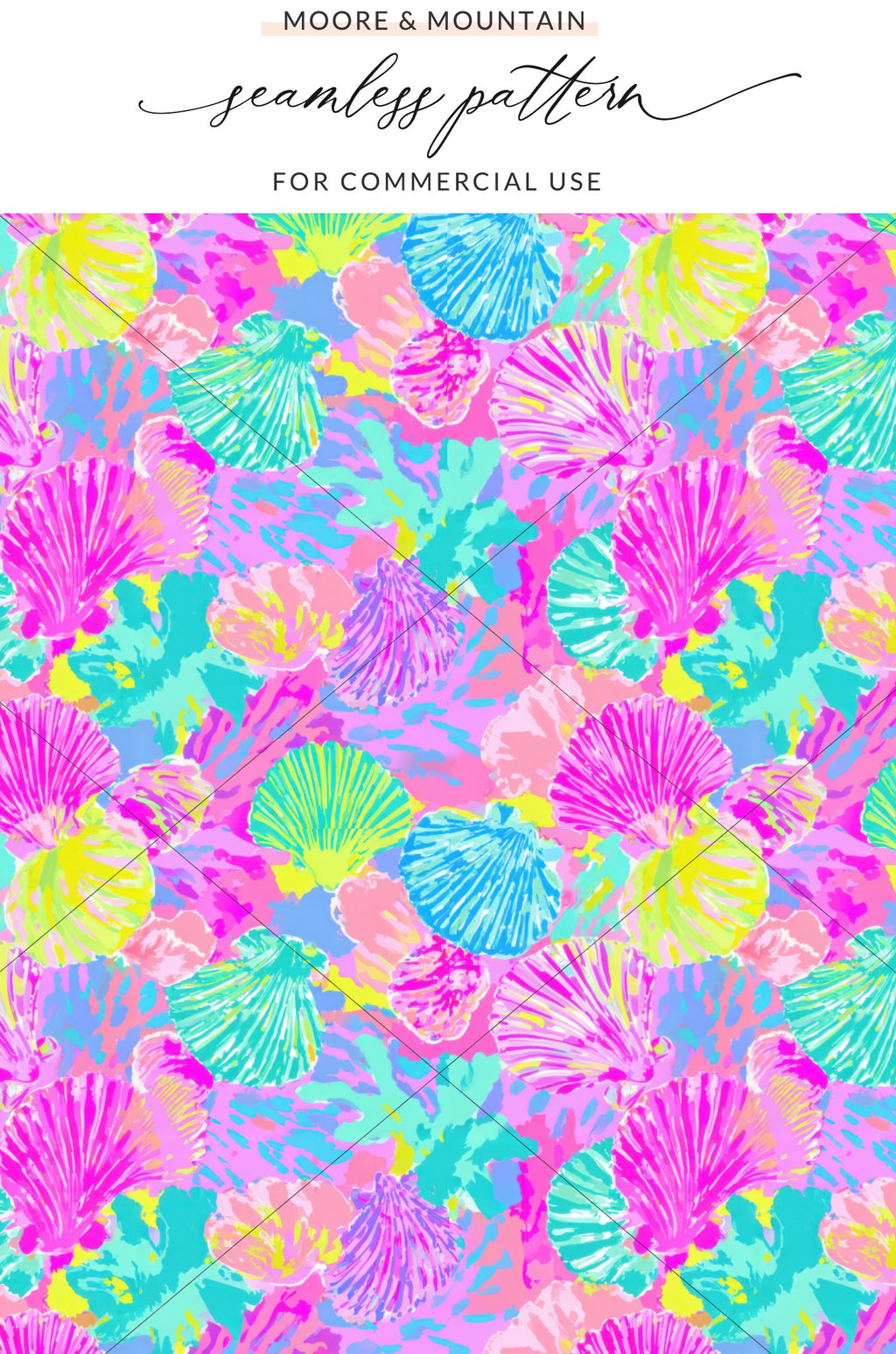 Pink, blue, and yellow seashells and coral pattern with "Moore & Mountain FOR COMMERCIAL USE" text.