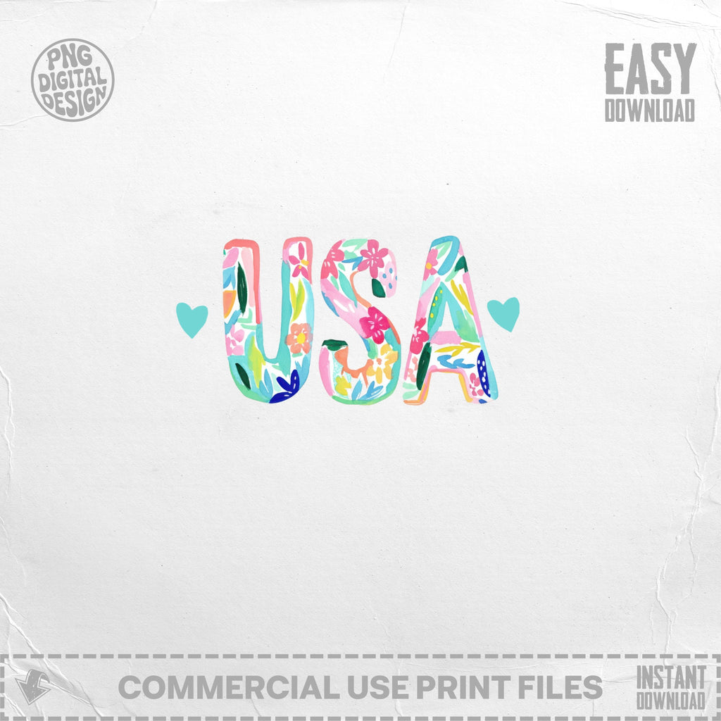 USA text with floral pattern and heart accents.