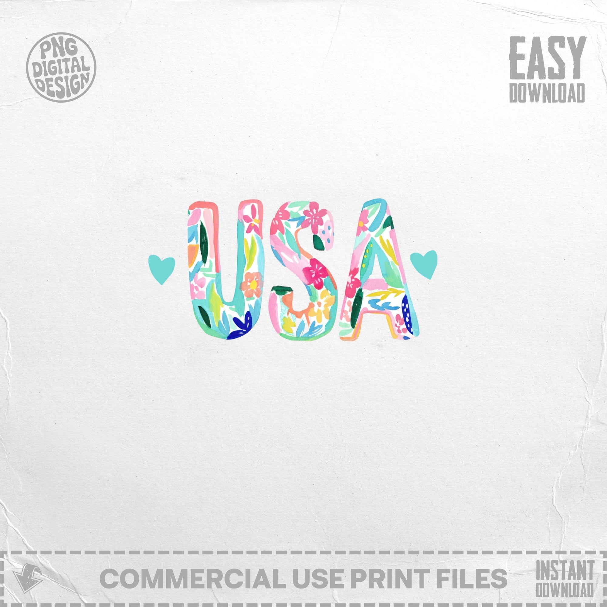 USA text with floral pattern and heart accents.