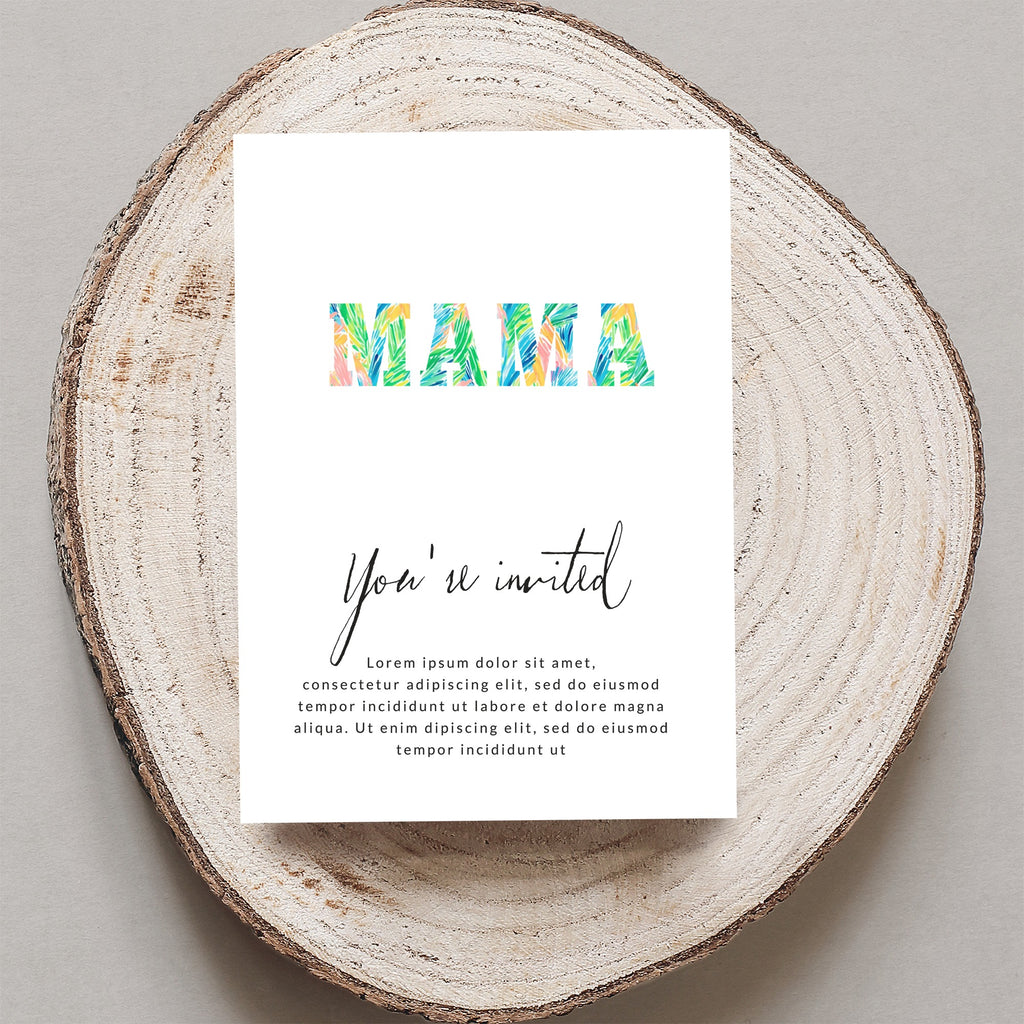 Card with "MAMA" in colorful letters and "You're invited" text.