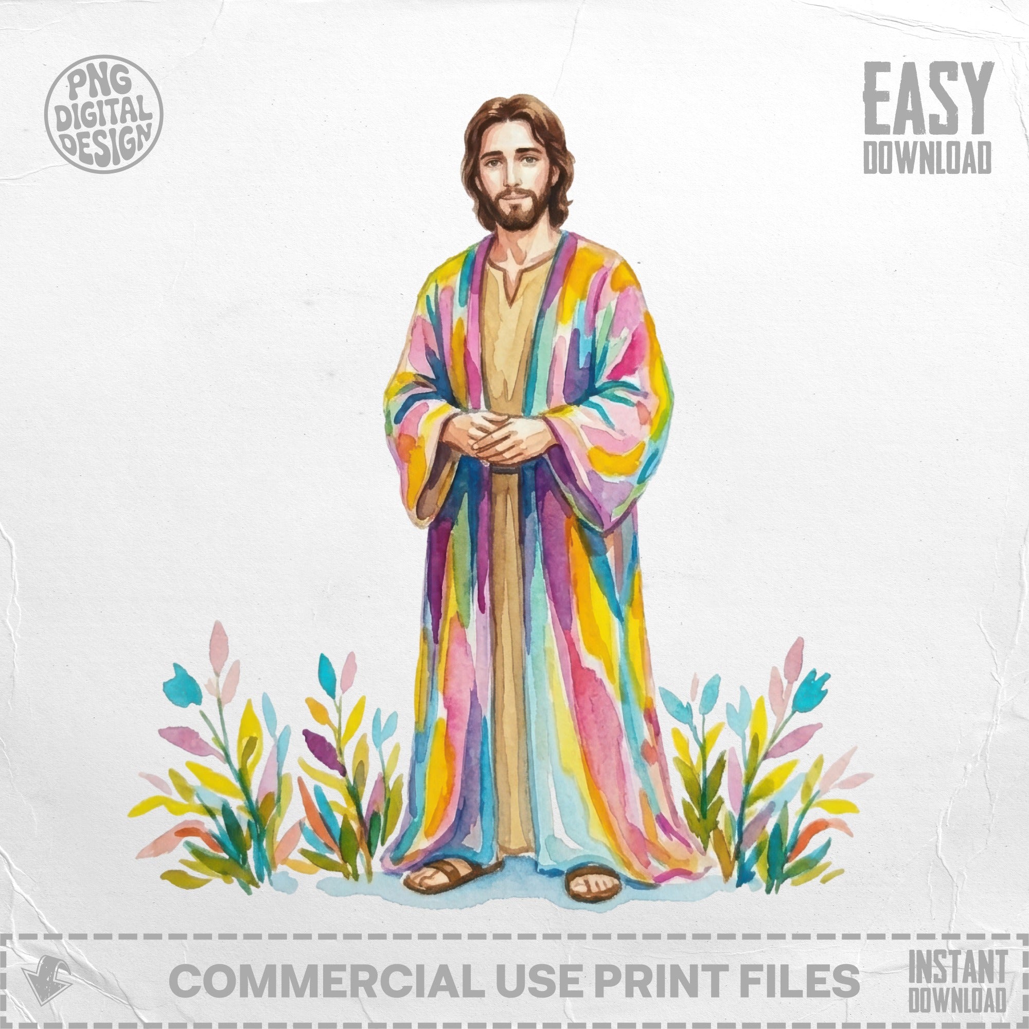 Jesus in a colorful robe standing in watercolor flowers.
