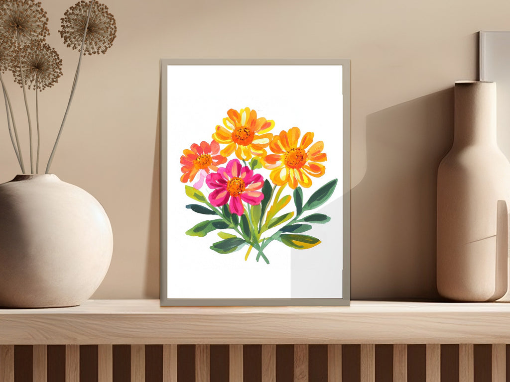 Watercolor painting of bright orange and pink daisies with green leaves in a frame.