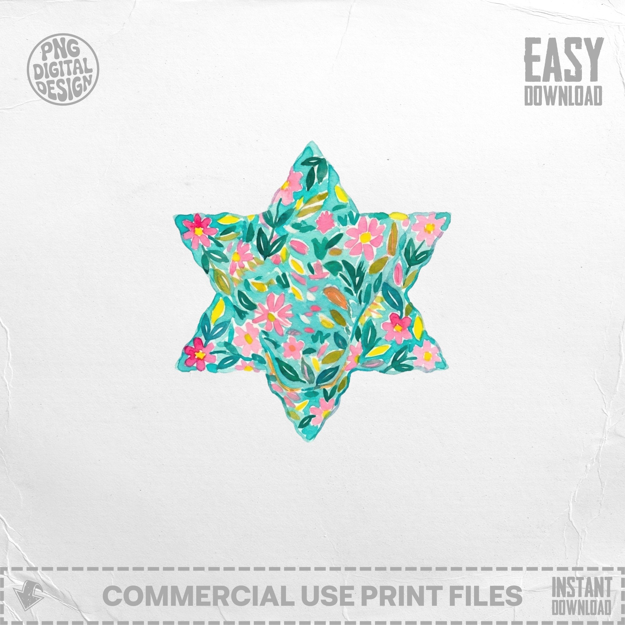 Watercolor Star of David with floral pattern.