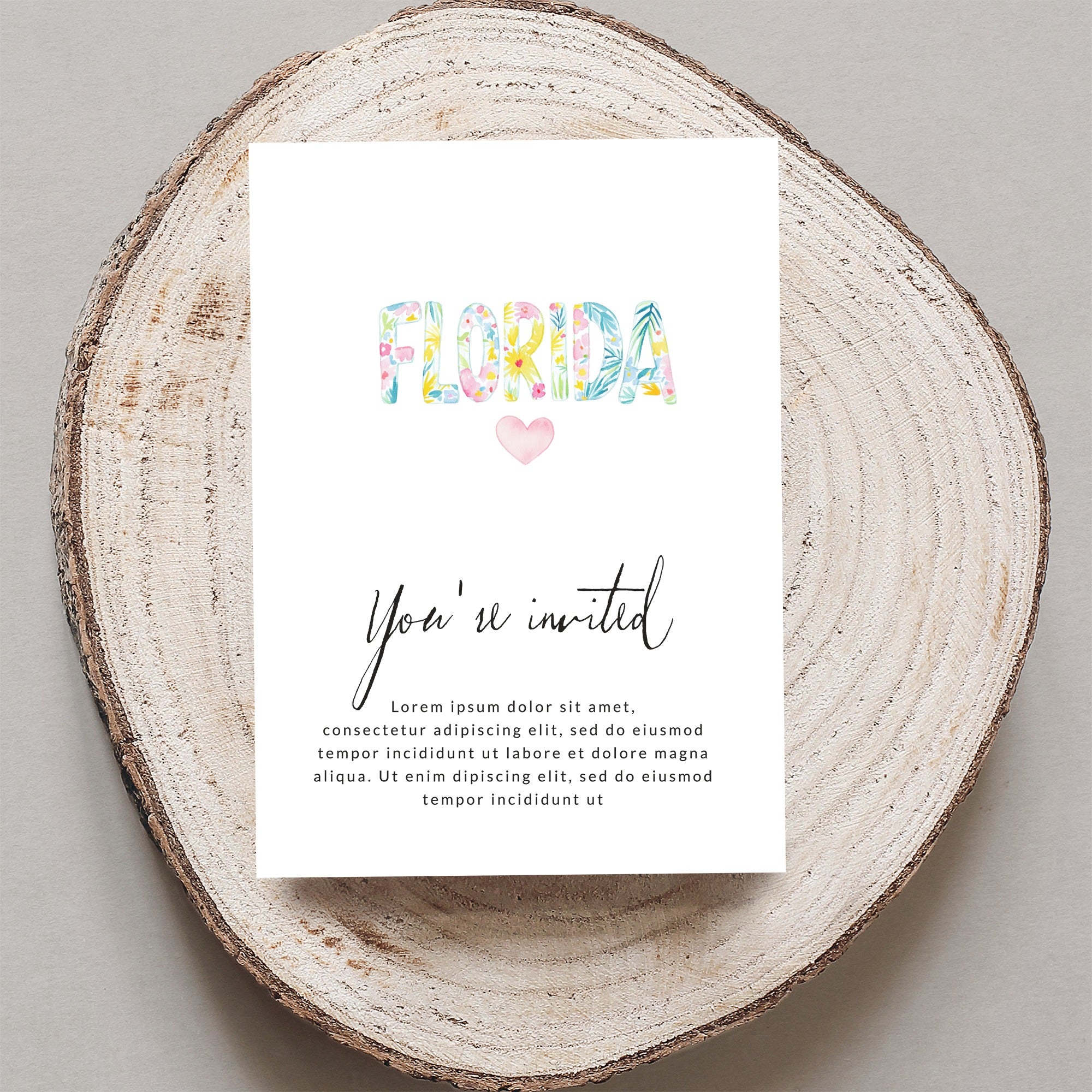 Invitation card with "Florida" graphic and "You're invited" text.