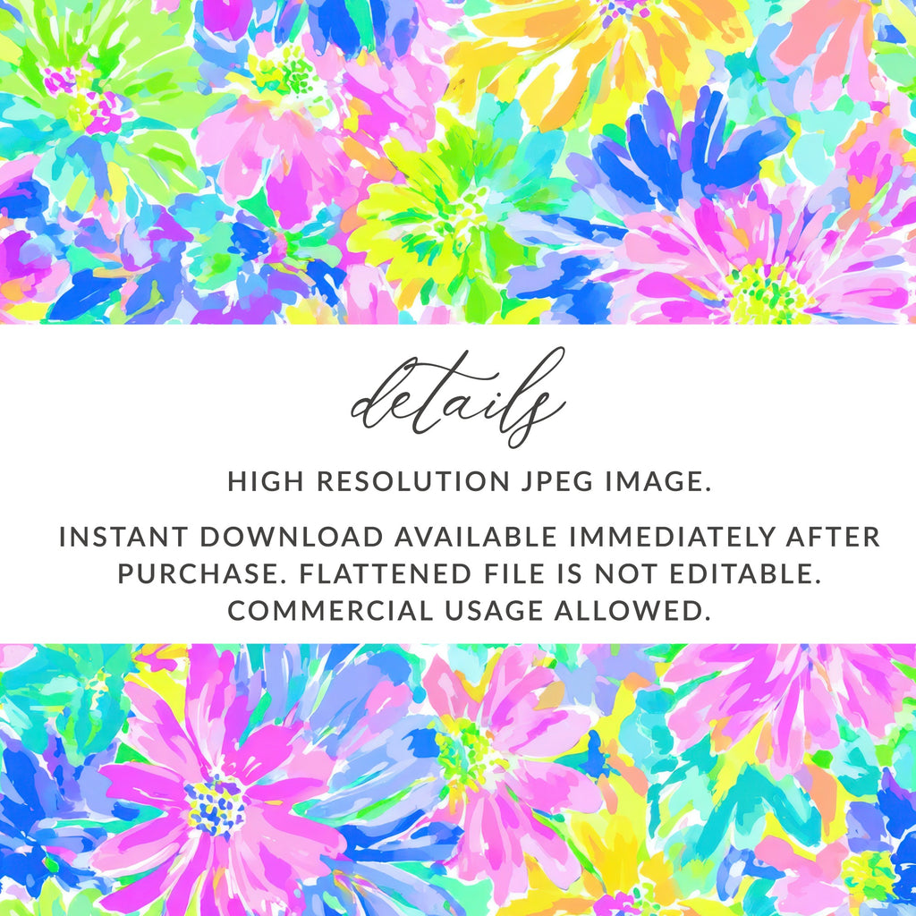 Bright floral pattern with text about instant download.