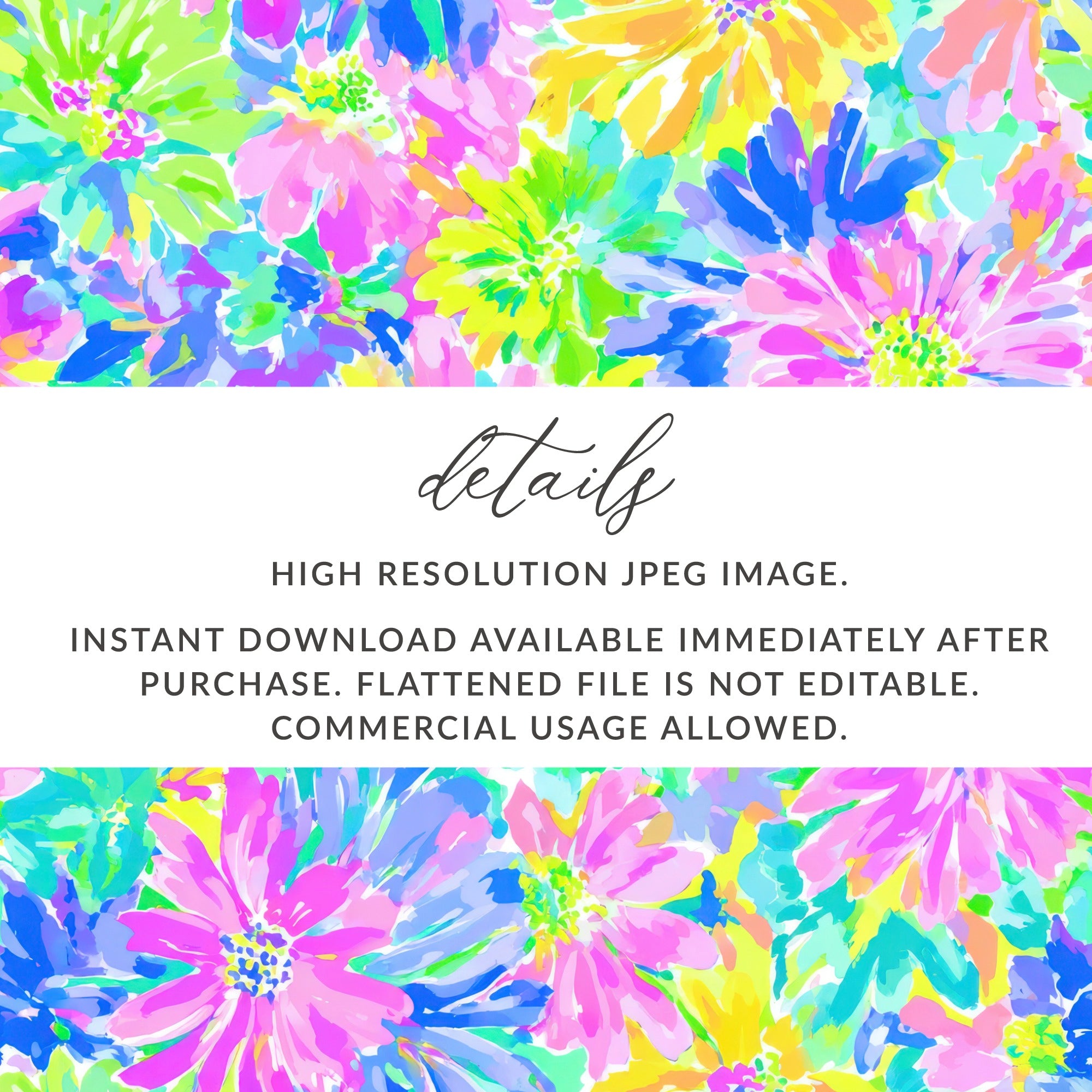 Bright floral pattern with text about instant download.